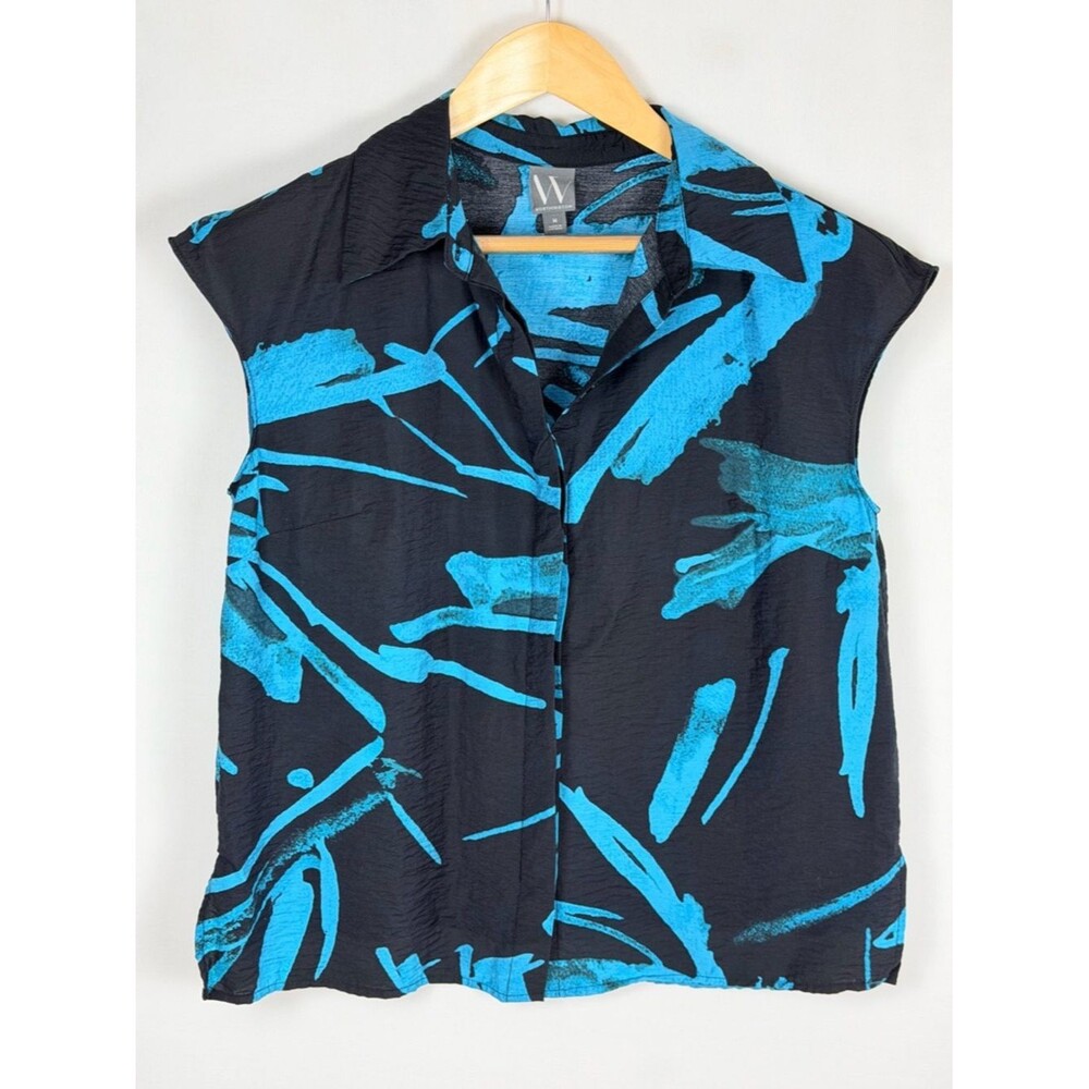 Worthington Medium Abstract Teal Black Artsy Tencel Blouse Sleeveless Collared